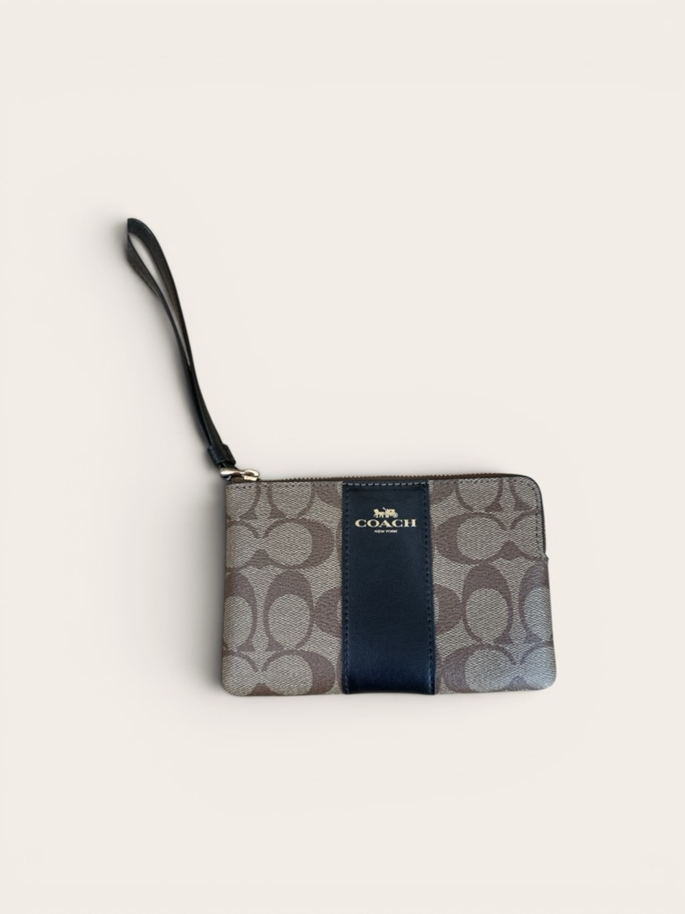 Coach Brown Signature Canvas Wristlet with Navy Stripe
